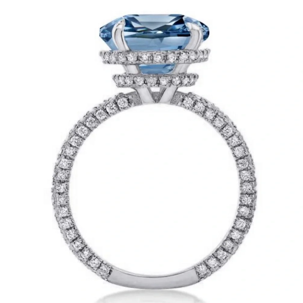 Italo Blue Topaz Ring Hidden Halo Cushion Cut Engagement Ring - Picture 4 of 11